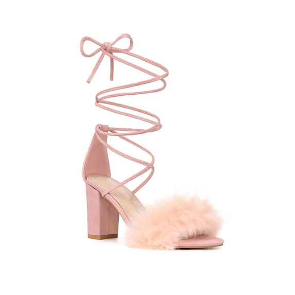 BLISSFUL STEP Women's Sandals Block Heels Faux Fur Strappy Lace up Sandals Pink 9