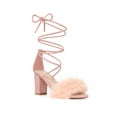 thumbnail image 1 of BLISSFUL STEP Women's Sandals Block Heels Faux Fur Strappy Lace up Sandals Pink 6, 1 of 7