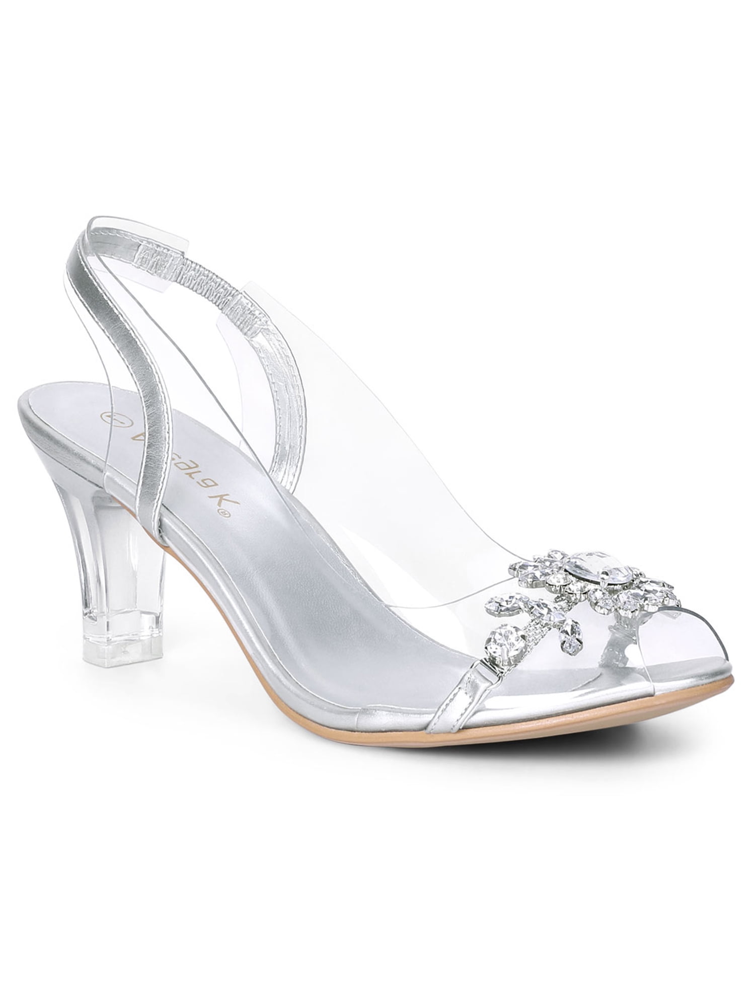 Allegra K Women's Clear Slingback Flower Rhines Block Heel Sandals