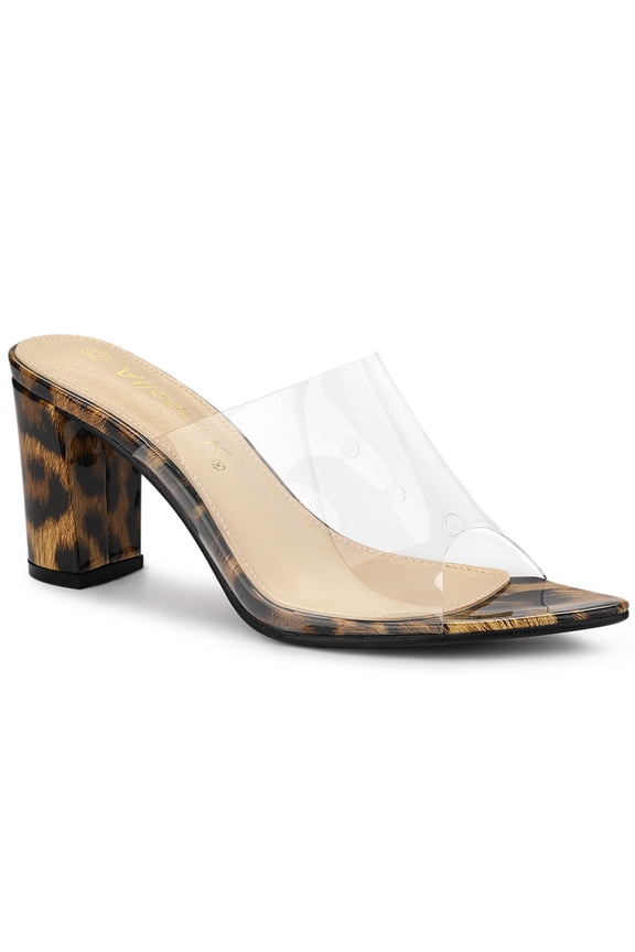 Women's Clear Point Toe High Block Heel Mules Slides Sandals Leopard 7
