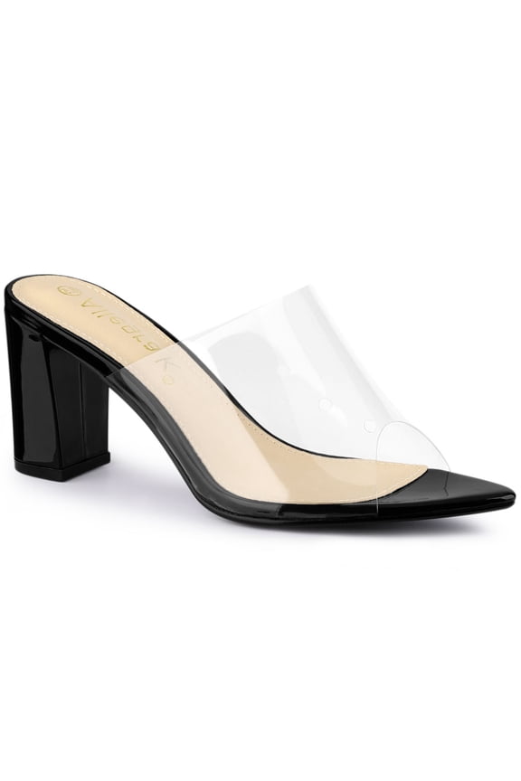Women's Clear Point Toe High Block Heel Mules Slides Sandals Black 7