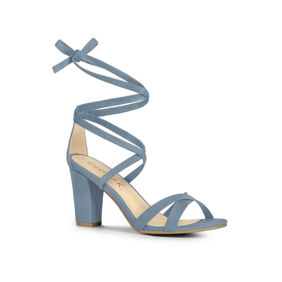 BLISSFUL STEP Women's Sandals High Block Heels Solid Color Lace up Sandals Haze blue 11.5