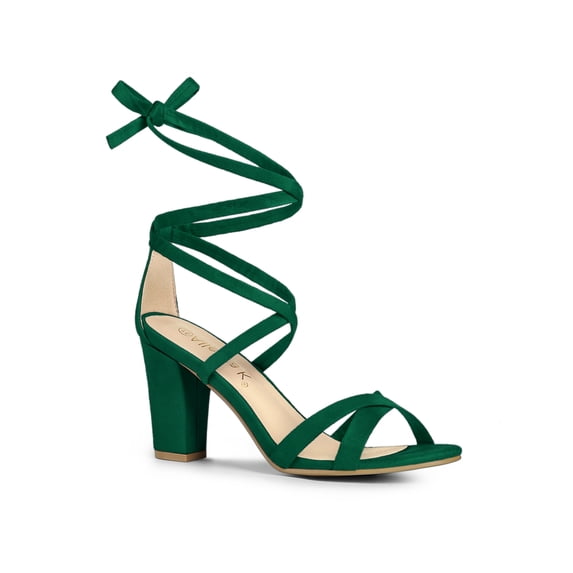 BLISSFUL STEP Women's Sandals High Block Heels Solid Color Lace up Sandals Green 7.5