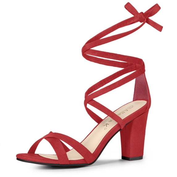 BLISSFUL STEP Women's Sandals High Block Heels Solid Color Lace up Sandals Red Heel 11.5