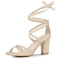 thumbnail image 1 of BLISSFUL STEP Women's Sandals Chunky Heel Open Toe Faux Suede Lace up Sandals Beige 9, 1 of 7