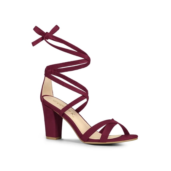 BLISSFUL STEP Women's Sandals High Block Heels Solid Color Lace up Sandals