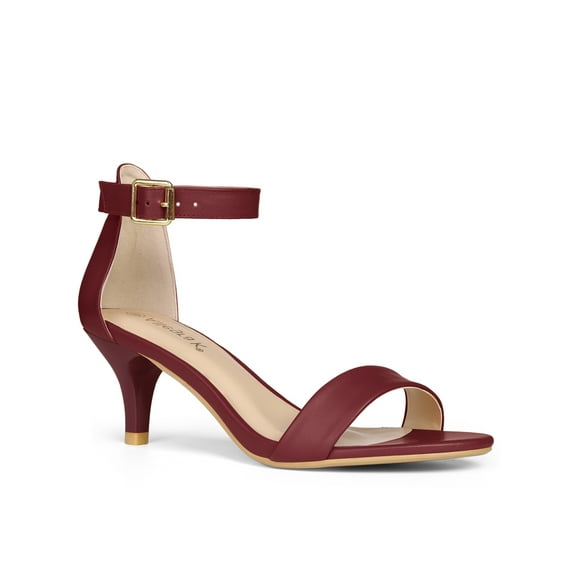 BLISSFUL STEP Women's Shoes Kitten Heel Ankle Strap Open Toe Sandals Burgundy 9