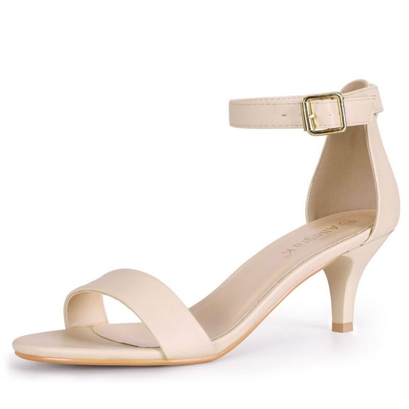 BLISSFUL STEP Women's Shoes Kitten Heel Ankle Strap Open Toe Sandals Beige 7