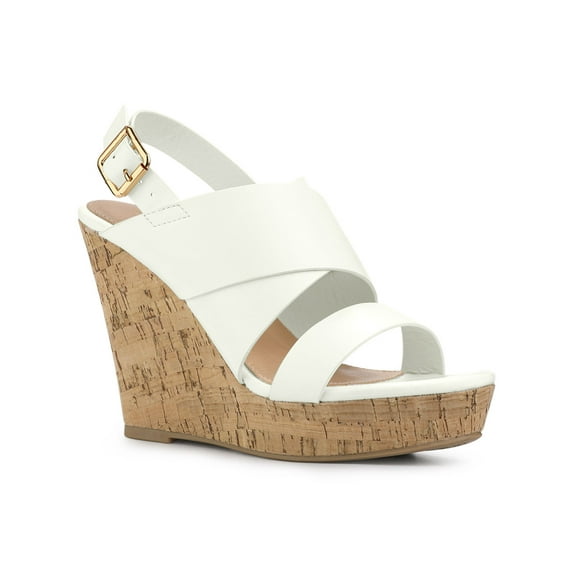 BLISSFUL STEP Women's Sandals Platform Heels Ankle Strap Wedges Sandals White 7