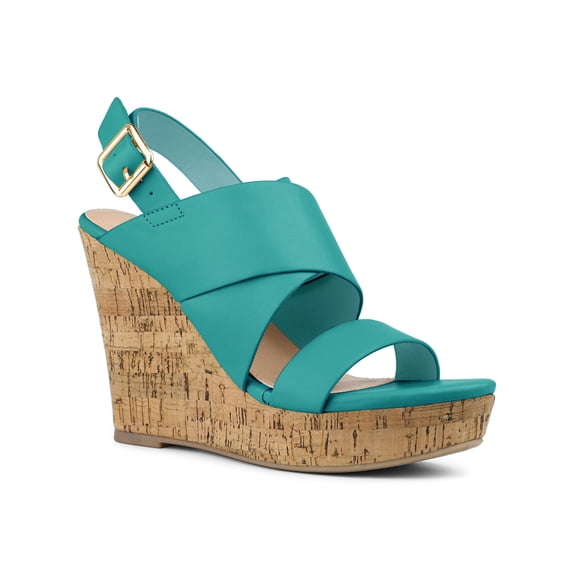 BLISSFUL STEP Women's Sandals Platform Heels Ankle Strap Wedges Sandals Lake Green 8