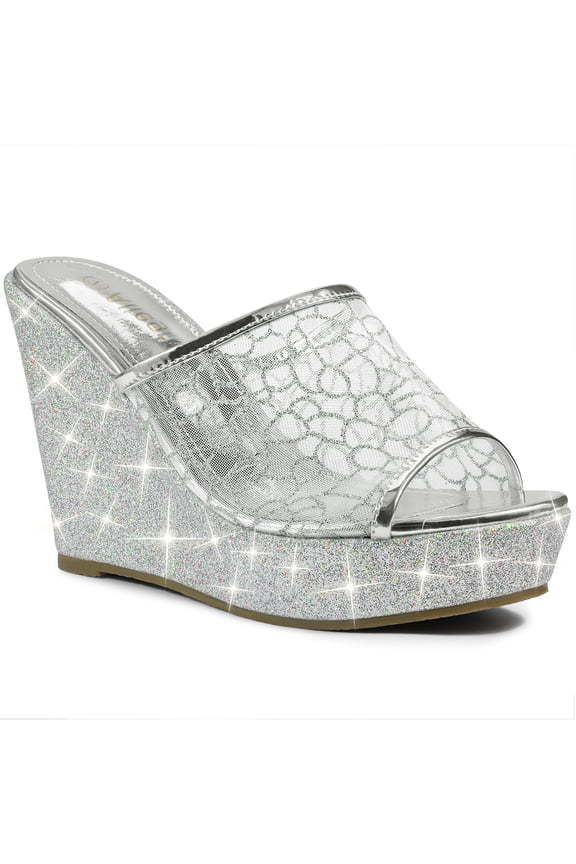 Women's Sandals Platform Wedges Glitter Slide Sandals Silver 6.5