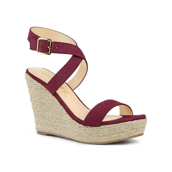 BLISSFUL STEP Women's Shoes Espadrille Wedge Slingback Crisscross Sandals Burgundy 7.5