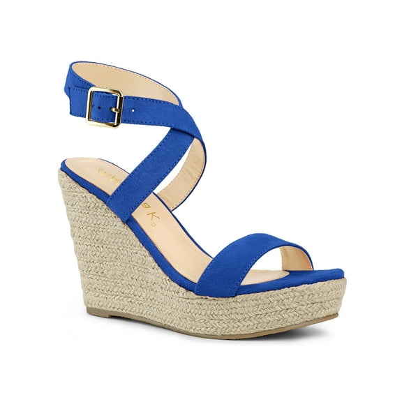 BLISSFUL STEP Women's Shoes Espadrille Wedge Slingback Crisscross Sandals Royal Blue 8.5