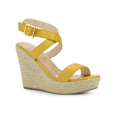 BLISSFUL STEP Women's Sandals Slingback Crisscross Espadrille Wedge Sandals Yellow 7.5