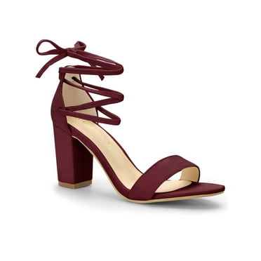 Allegra K Women's Sandals Solid Casual Summer Block Heels Lace up Sandals Burgundy 7