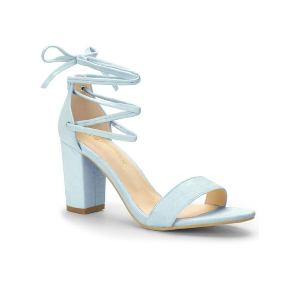BLISSFUL STEP Women's Sandals Solid Summer Block Heels Lace up Sandals Sky Blue 9