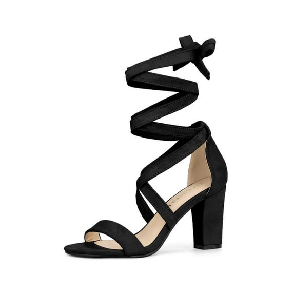 BLISSFUL STEP Women's Sandals Solid Color Mid Block Heels Lace up Sandals Black 9.5