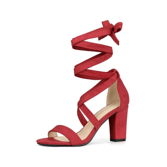 BLISSFUL STEP Women's Sandals Solid Color Mid Block Heels Lace up Sandals Red 8