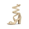 thumbnail image 1 of BLISSFUL STEP Women's Sandals Solid Color Mid Block Heels Lace up Sandals Beige 9, 1 of 8