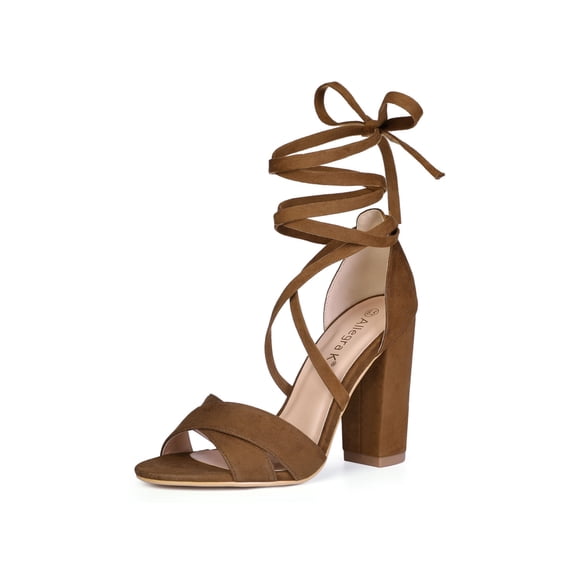 BLISSFUL STEP Women's Sandals Lace Up Chunky Heel Open Toe Crisscross Ankle Wrap Dress Heels Brown 7.5