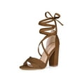 thumbnail image 1 of BLISSFUL STEP Women's Sandals Solid Crisscross Block Heels High Heel Lace up Sandals Brown 7.5, 1 of 8