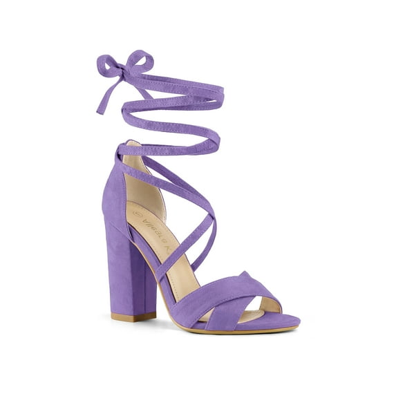 BLISSFUL STEP Women's Sandals Solid Crisscross Block Heels High Heel Lace up Sandals Purple 9
