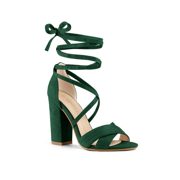 BLISSFUL STEP Women's Sandals Solid Crisscross Block Heels High Heel Lace up Sandals Green 9