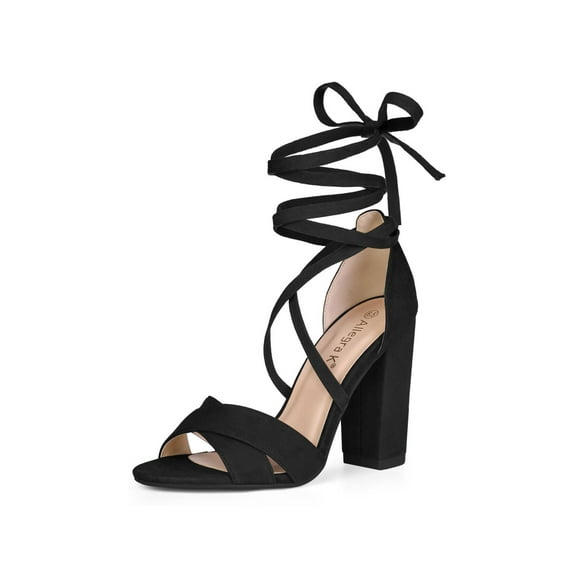 BLISSFUL STEP Women's Sandals Solid Crisscross Block Heels High Heel Lace up Sandals Black 9