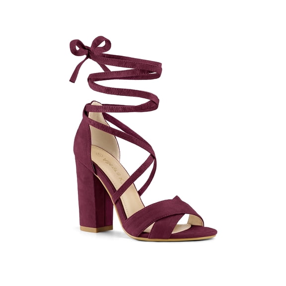 BLISSFUL STEP Women's Sandals Solid Crisscross Block Heels High Heel Lace up Sandals Burgundy 6.5