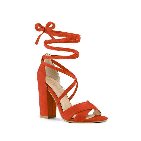 BLISSFUL STEP Women's Sandals Solid Crisscross Block Heels High Heel Lace up Sandals Orange 8