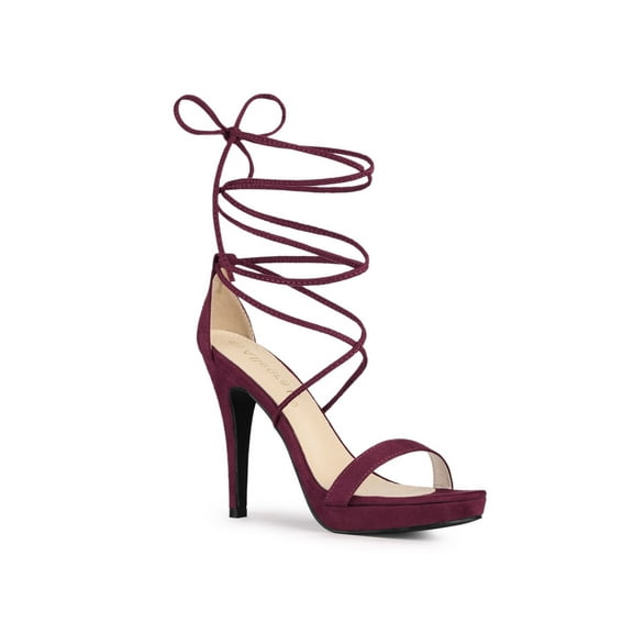 BLISSFUL STEP Women's Sandals Stiletto Heels Platform Heels Lace up Sandals Burgundy 9