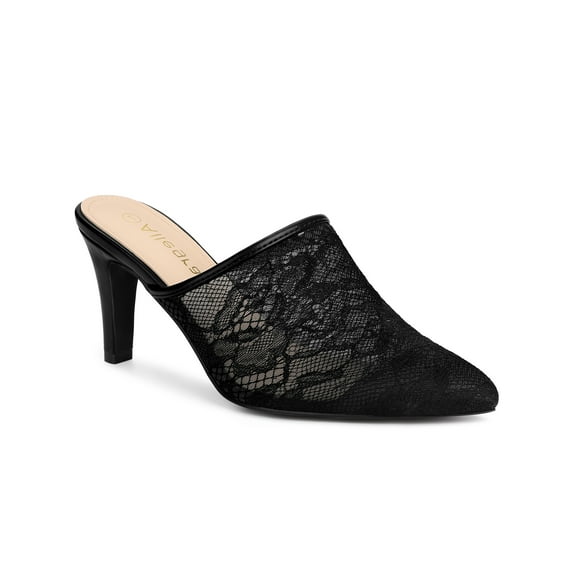 BLISSFUL STEP Women's Sandals Stiletto Heels Pointed Toe Lace Slide Mules Black 7