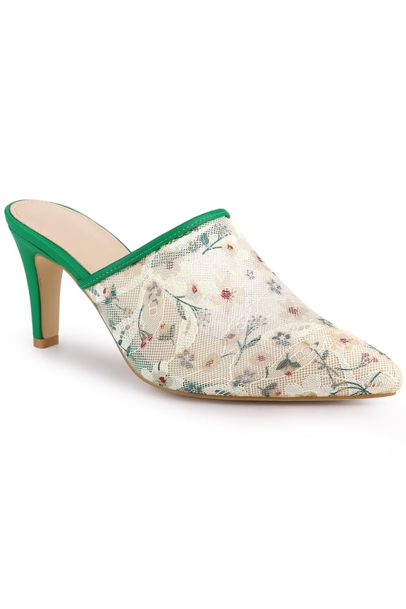 Women's Sandals Stiletto Heels Pointed Toe Lace Slide Mules White Green 10