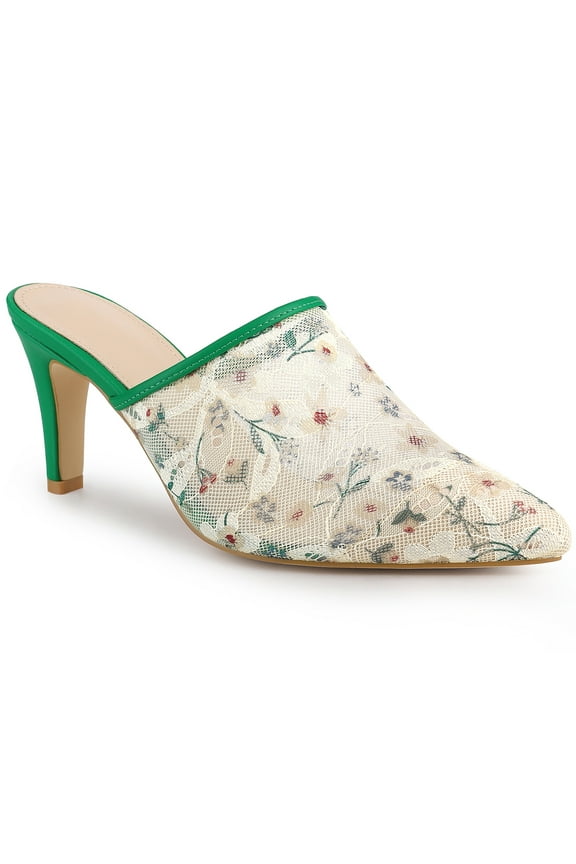 Women's Sandals Stiletto Heels Pointed Toe Lace Slide Mules White Green 7.5