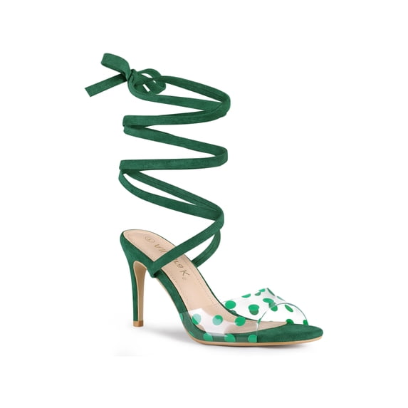 BLISSFUL STEP Women's Sandals Stiletto Heels Polka Dots Clear Strap Lace up Sandals Green 7