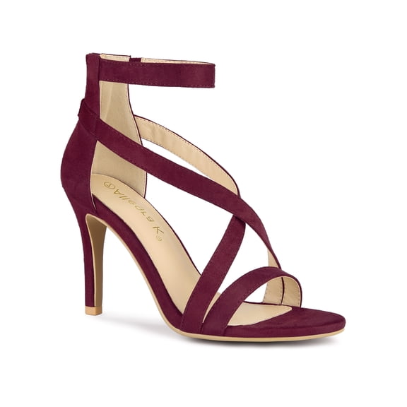 BLISSFUL STEP Women Zipper Ankle Strap Stiletto Heel Sandals Burgundy 7
