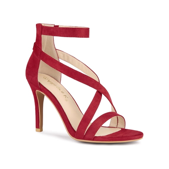 BLISSFUL STEP Women's Heels Open Toe Back Zipper Ankle Strap Stiletto Heel Sandals Red 9