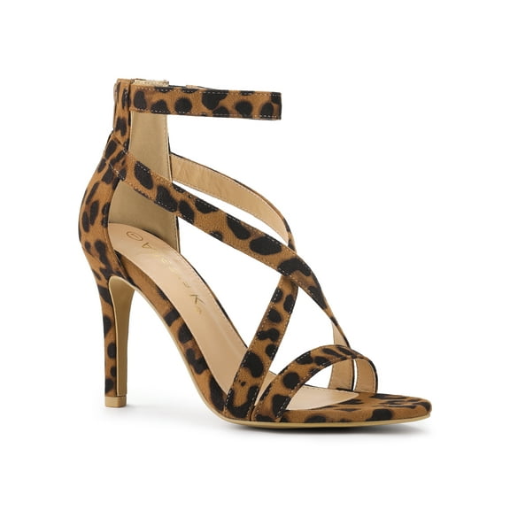 BLISSFUL STEP Women Zipper Ankle Strap Stiletto Heel Sandals Leopard 10