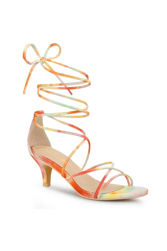 Women's Shoes Tie-Dye Strappy Lace-Up Open Toe Kitten Heels Sandals Orange 9