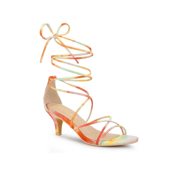 BLISSFUL STEP Women's Shoes Tie-Dye Strappy Lace-Up Open Toe Kitten Heels Sandals  Orange 7