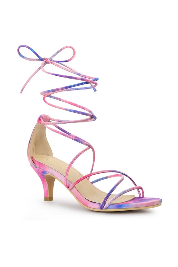 Women's Shoes Tie-Dye Strappy Lace-Up Open Toe Kitten Heels Sandals Blue Pink 7.5