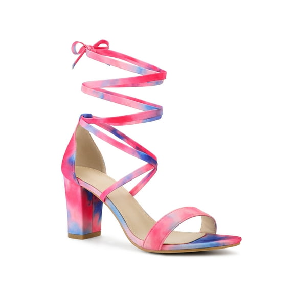 BLISSFUL STEP Women's Sandals Tie Dye Strappy Block Heels Lace up Sandals Pink 9