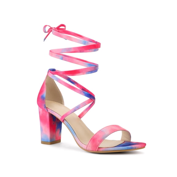 BLISSFUL STEP Women's Sandals Tie Dye Strappy Block Heels Lace up Sandals Pink 7