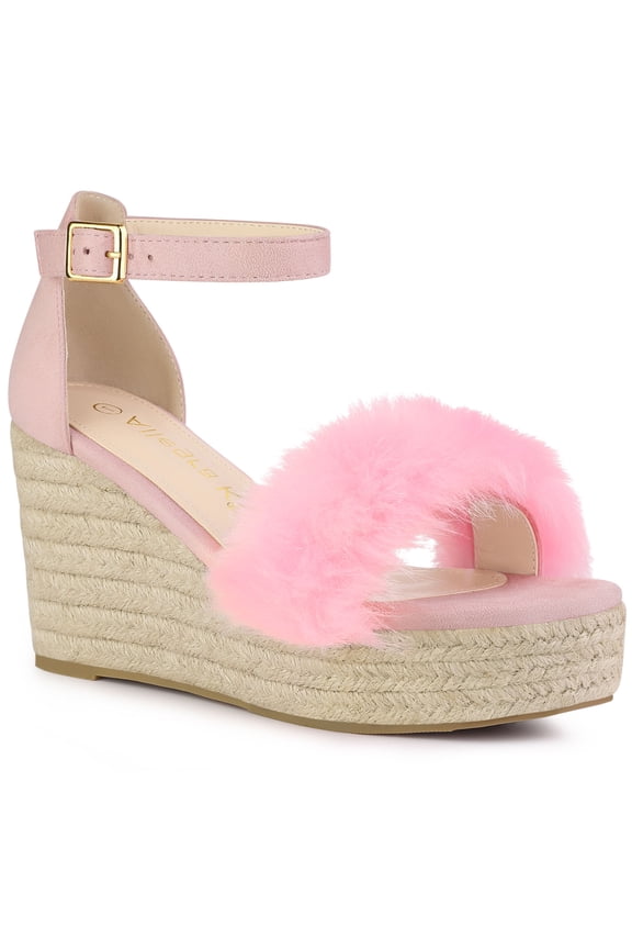 Inspired Women's Sandals Wedge Heels Espadrille Platform Faux Fur Ankle Strap Sandals Pink 6