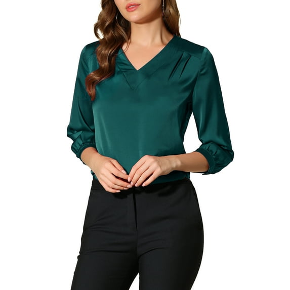 INSPIRE CHIC Women's Satin Blouse Casual Solid Long Sleeve V Neck Top Shirts 2XL Blue Green