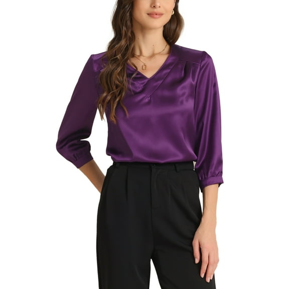INSPIRE CHIC Women's Casual Dressy Office Blouses 3/4 Sleeve V Neck Satin Shirt L Dark Purple