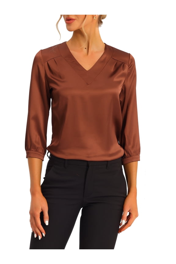 Women's Casual Dressy Office Blouses 3/4 Sleeve V Neck Satin Shirt XS Brown