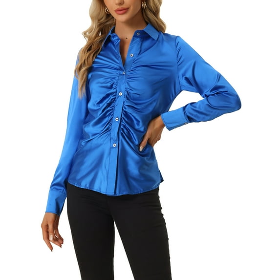 INSPIRE CHIC Women's Satin Blouse Long Sleeve Fashion Point Collar Button Up Shirt L Blue