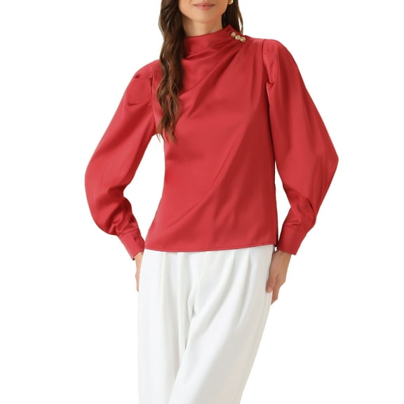 INSPIRE CHIC Women's Satin Blouse Mock Neck Pleated Puff Sleeve Top L Red