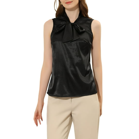 INSPIRE CHIC Women's Satin Blouse Solid Tie Neck Elegant Casual Sleeveless Office Work Top Black S